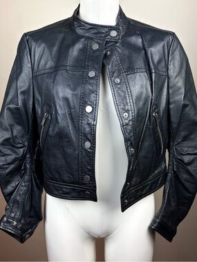 BCBGMaxAzria Black Leather Cropped Snap-Front Jacket Classic Moto Biker Goth